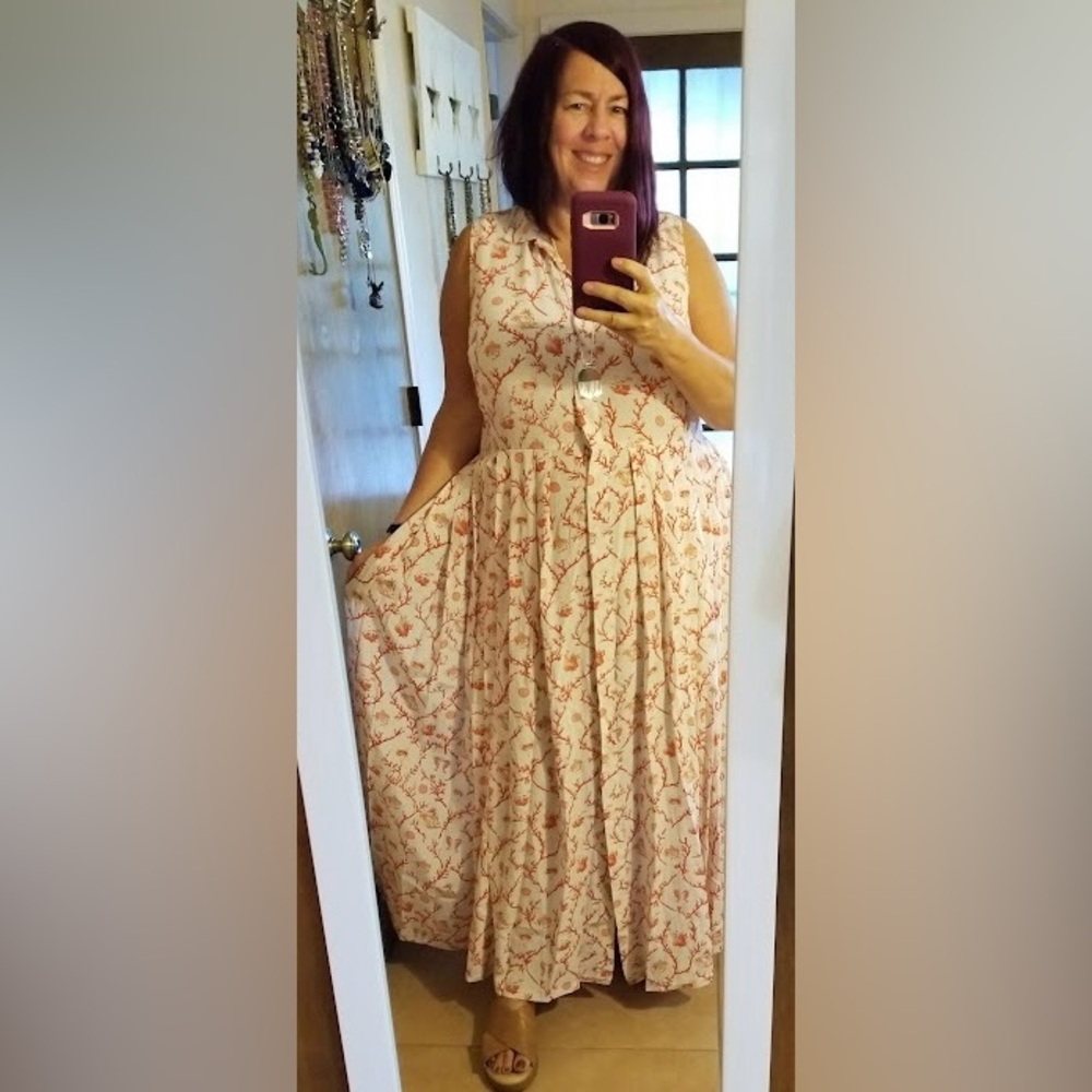 Eloquii Cream Maxi Dress with Coral Vine Print